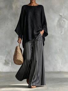 SHEIN LUNE Women's Spring/Summer Casual Light Brown Round Neck 3/4 Sleeve Asymmetrical Hem Loose Top And Striped Wide Leg High Waist Elastic Pants 2 Pieces Set, Suitable For Daily Wear, Home Activities And Outings, Versatile Style, Plus Size 2 Pieces Set - Multicolor - View 1