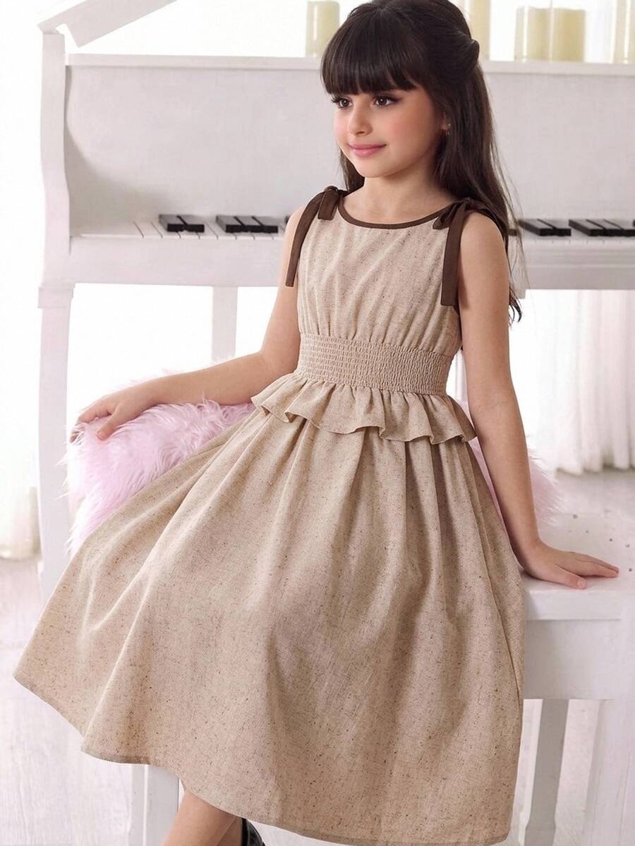 Tween Girls Colorblock Waist Tween Girl Long Dress Casual Vacation Elegant Fashion Versatile Daily Suitable For Party All New Girls Dress Tween Girl - Apricot - View 1