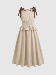 Tween Girls Colorblock Waist Tween Girl Long Dress Casual Vacation Elegant Fashion Versatile Daily Suitable For Party All New Girls Dress Tween Girl - Apricot - View 10