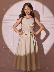 Tween Girls Colorblock Waist Tween Girl Long Dress Casual Vacation Elegant Fashion Versatile Daily Suitable For Party All New Girls Dress Tween Girl - Apricot - View 14