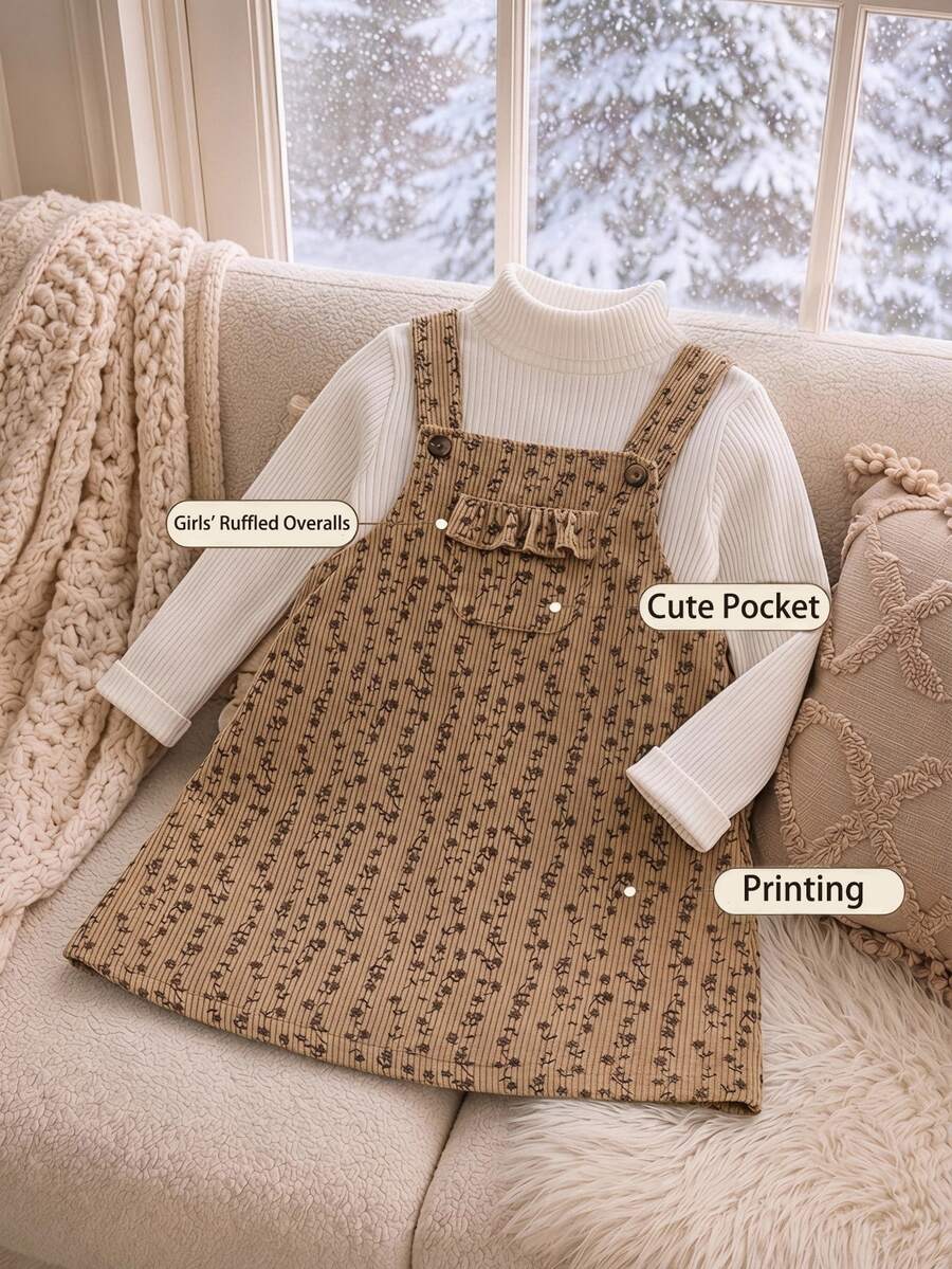 SHEIN Váy yếm nhung kẻ hoa nhí màu nâu đỏ vintage đơn giản đa năng cho bé gái, có túi và gấu bèo, phù hợp cho các hoạt động ngoài trời thường ngày mùa thu/đông