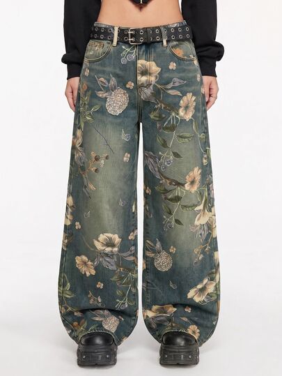 Fairycore Vintage Blumen bedruckte Loose Wide Leg Jeans mit Waschung für Damen