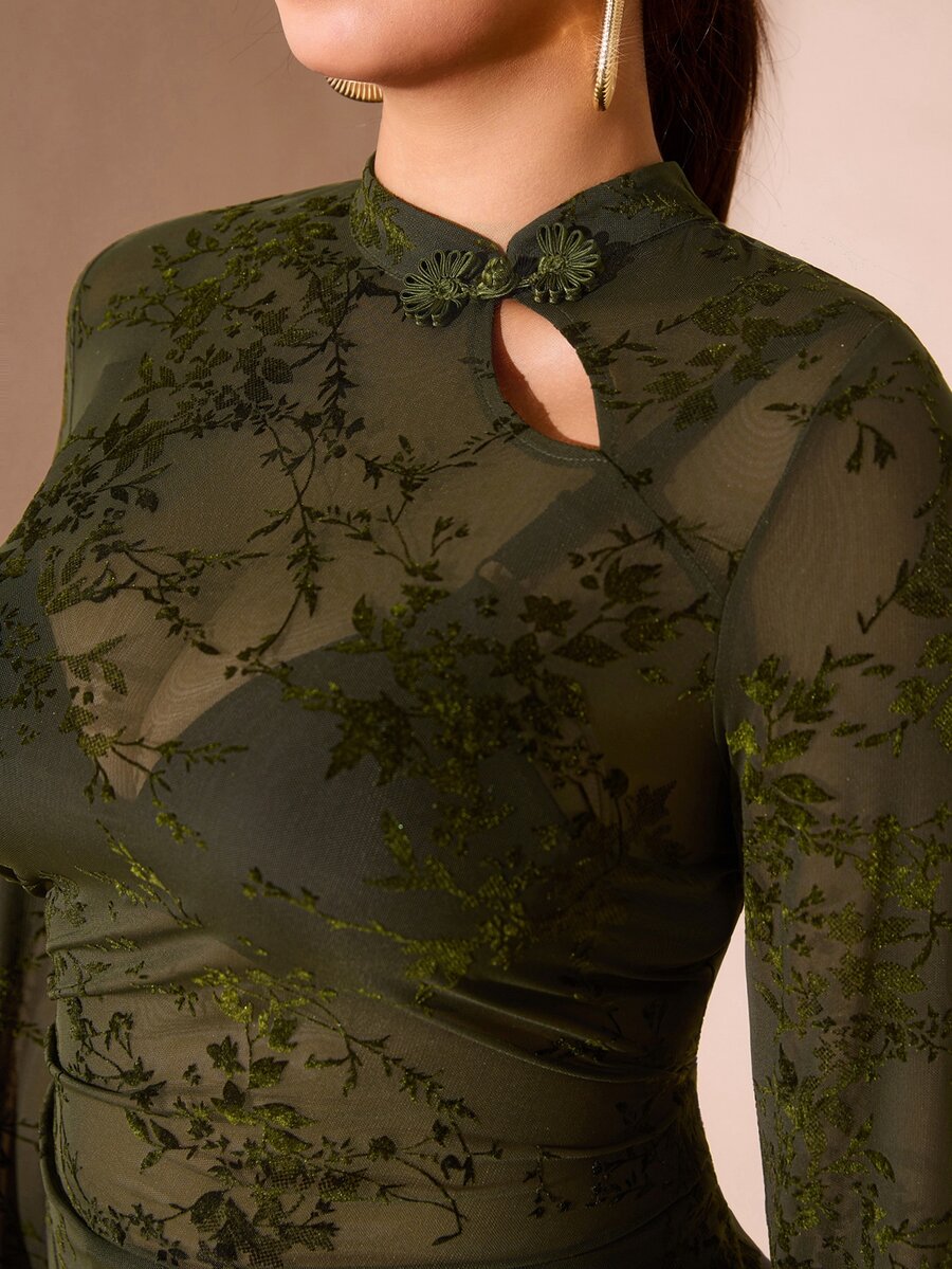 Cravure Plus Size Women's Chinese Style Frog Button Bamboo Leaf Mesh Elegant Cutout Long Sleeve Asymmetrical Hem T-Shirt Dinner Party Dark Green Fall - Army Green - View 1