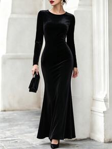 SHEIN Women's Black Velvet Long Sleeve Mermaid Evening Gown, Backless Fitted Party Dress - Black - View 5