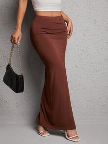 SHEIN PETITE Solid Ruched Split Thigh Skirt ,Petite Women - Coffee Brown - View 5