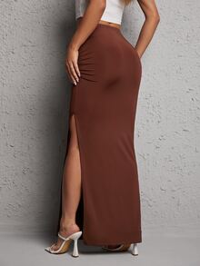 SHEIN PETITE Solid Ruched Split Thigh Skirt ,Petite Women - Coffee Brown - View 2