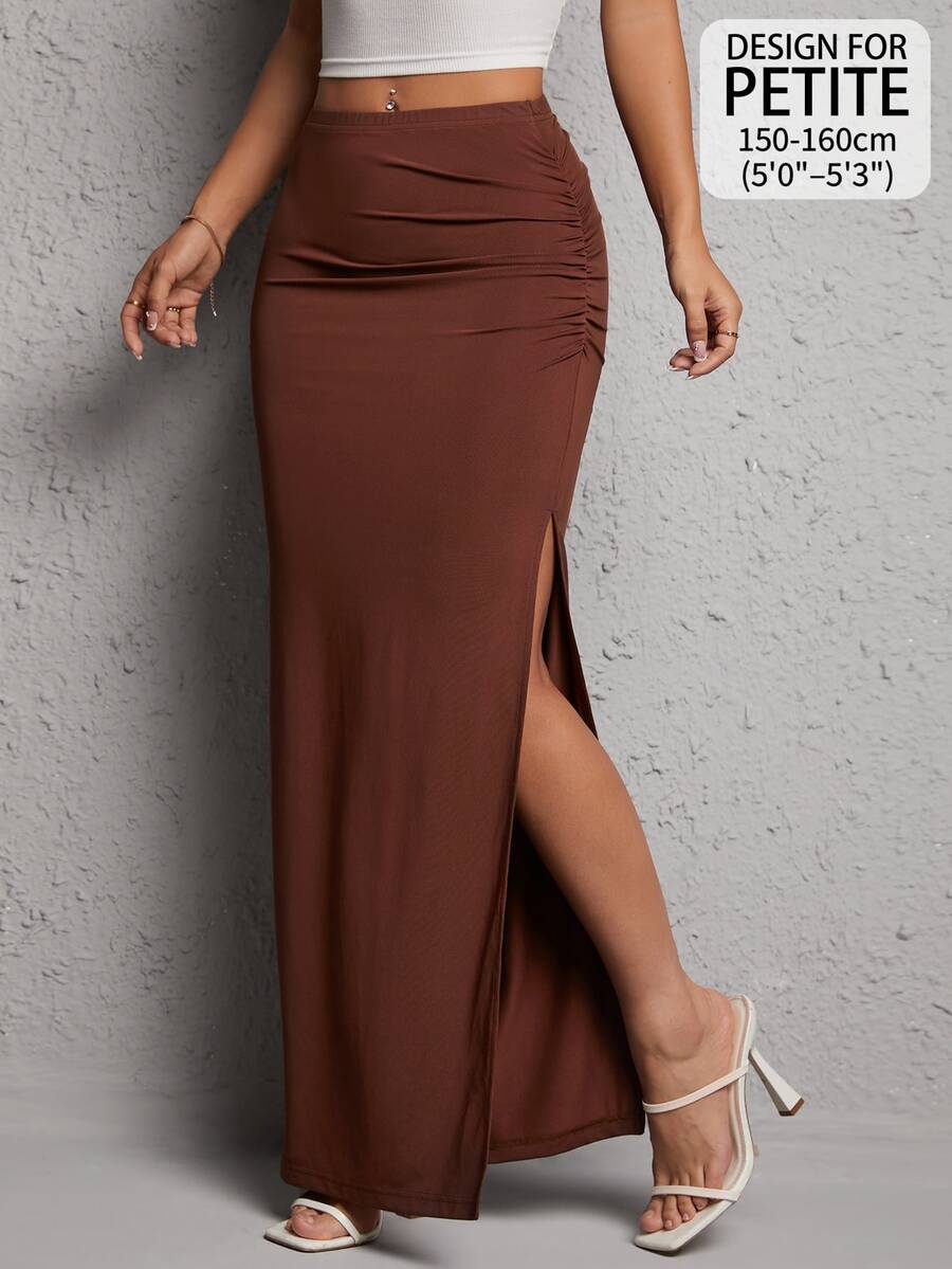 SHEIN PETITE Solid Ruched Split Thigh Skirt ,Petite Women - Coffee Brown - View 1