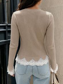 SHEIN Franclia Contrast Lace Button Front Cardigan - Khaki - View 3