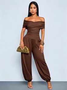 SOLERSUN 2pcs Women's Fall Off-Shoulder Crossbody Top And Pants Set, Elegant Sexy Casual, Suitable For Daily Outings Going Out Dark Brown - Brown - View 6