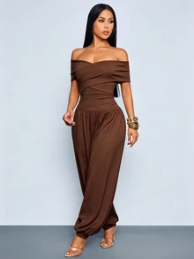 SOLERSUN 2pcs Women's Fall Off-Shoulder Crossbody Top And Pants Set, Elegant Sexy Casual, Suitable For Daily Outings Going Out Dark Brown - Brown - View 8