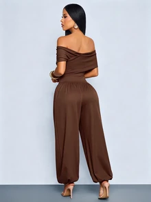 SOLERSUN 2pcs Women's Fall Off-Shoulder Crossbody Top And Pants Set, Elegant Sexy Casual, Suitable For Daily Outings Going Out Dark Brown - Brown - View 3