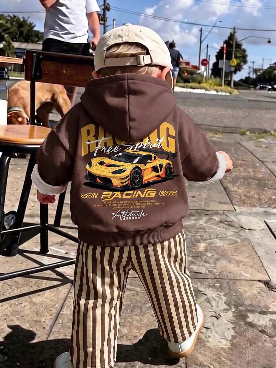 Hooded Sweatshirt + Bolty Kids Wide Leg Autumn Winter Pants, Classic Cool Racing Graphic Print, Stylish Text Graphic Print - Multicolor - View 1
