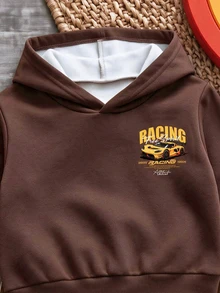 Hooded Sweatshirt + Bolty Kids Wide Leg Autumn Winter Pants, Classic Cool Racing Graphic Print, Stylish Text Graphic Print - Multicolor - View 7