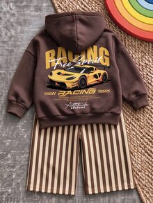 Hooded Sweatshirt + Bolty Kids Wide Leg Autumn Winter Pants, Classic Cool Racing Graphic Print, Stylish Text Graphic Print - Multicolor - View 4