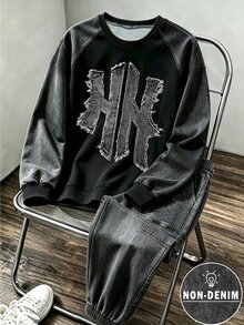 2件組小男孩時尚簡約舒適圓領衛衣與工裝褲套裝，簡約酷感英文字母滿版印花設計，適合假期派對聚會休閒舒適，小男孩春夏秋冬首選時尚休閒穿搭，春夏秋冬街頭風，休閒套裝，返校派對 - 黑色 - 查看 4