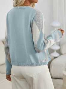Pariaura 女式春秋休闲拼色钻石纹开衫 - 彩色 - 查看 2