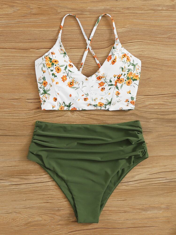 Swim Basics Sets de Bikini para Mujer Cruzado Lazada Fruncido Floral Dulce Bohemio - Multicolor - Añade 3