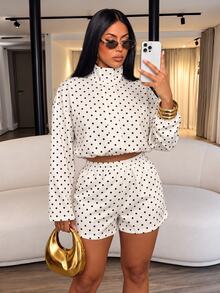 SOLERSUN Women's Elegant Retro White Black Polka Dot Long Sleeve Zip Drawstring Jacket High Waist Shorts Matching Set Random Floral Casual Fall Daily - White - View 1