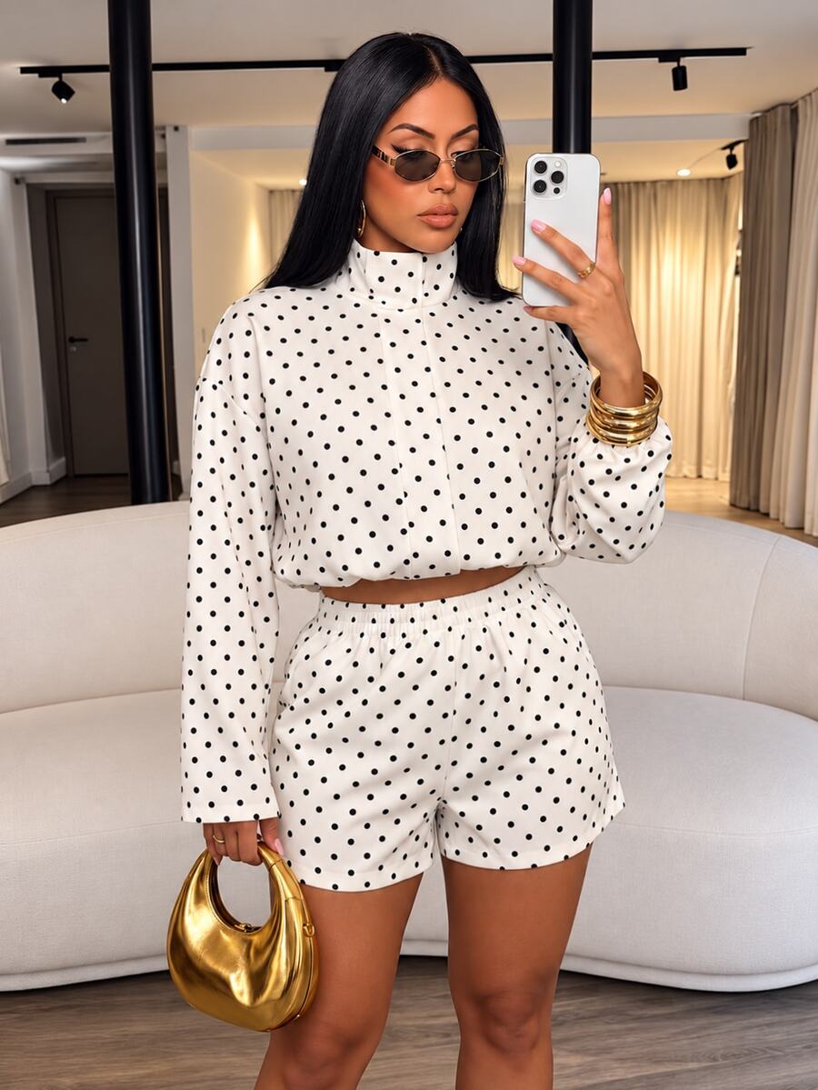 SOLERSUN Women's Elegant Retro White Black Polka Dot Long Sleeve Zip Drawstring Jacket High Waist Shorts Matching Set Random Floral Casual Fall Daily - White - View 1