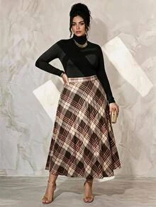 Écloséra Curve Plus Size Elegant Wool Plaid A-Line Skirt With Side Pockets Fall - Coffee Brown - View 2