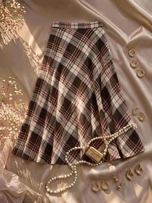 Écloséra Curve Plus Size Elegant Wool Plaid A-Line Skirt With Side Pockets Fall - Coffee Brown - View 4