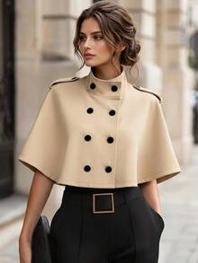 SHEIN Women's Solid Color Double-Breasted Cape Trench Coat Office Black Autumn Elegant - Khaki - View 1