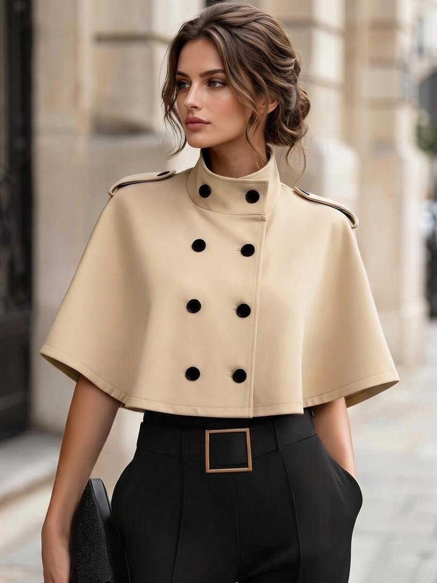 SHEIN Women's Solid Color Double-Breasted Cape Trench Coat Office Black Autumn Elegant - Khaki - View 1