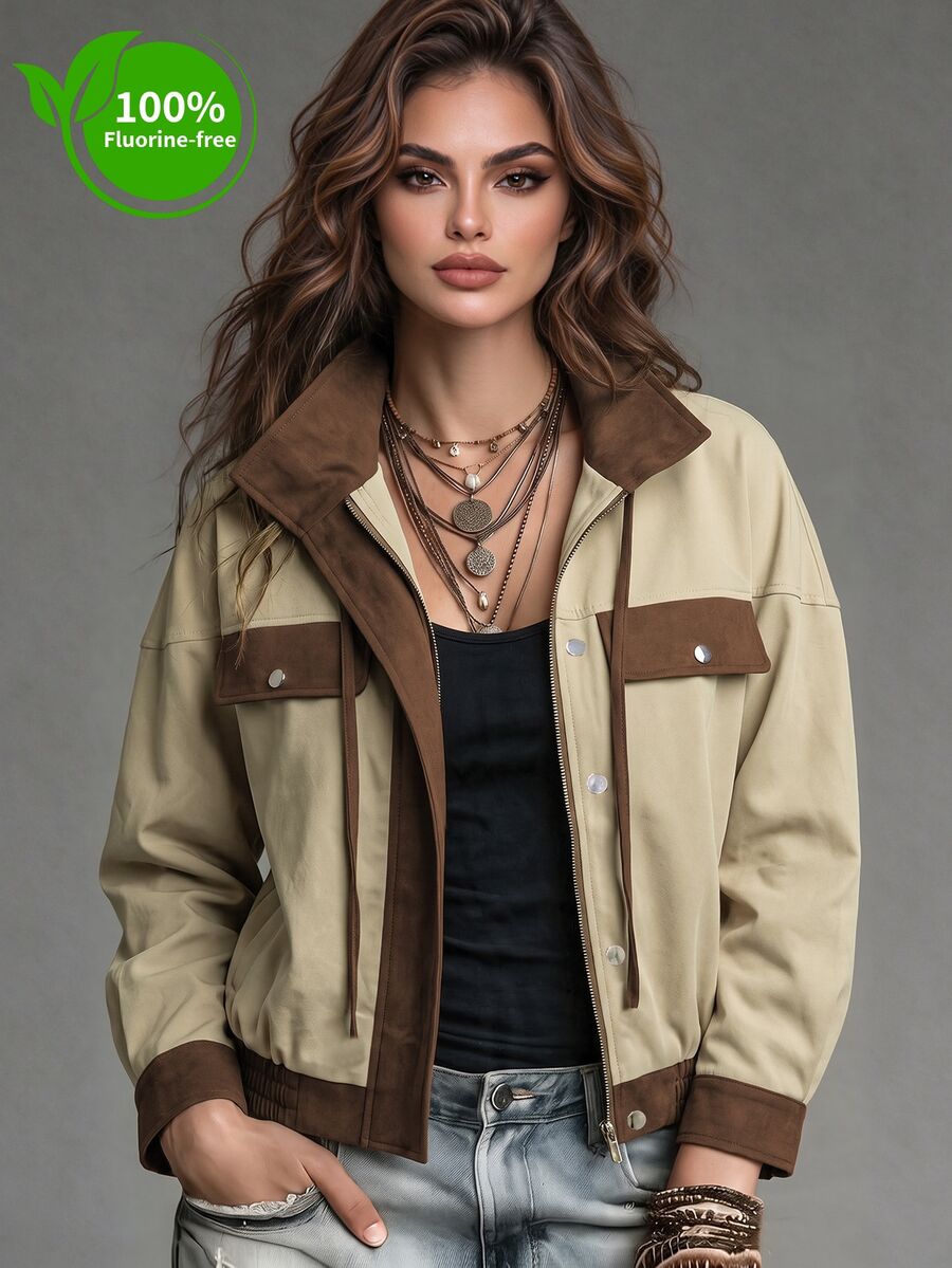 Flirla Plus Size Women's Early Fall Utility Short Jacket, Colorblock Patchwork, High Neck, Long Sleeve, Western Casual Dressy Style, Office Party Beige - Apricot - View 1