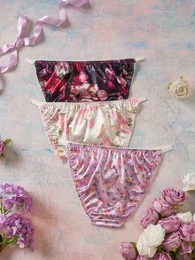 Elorette 3pcs Floral Satin Printed Romantic Pastoral Triangle Panties Sexy Elegant Comfortable Plus Size Underwear - Multicolor - View 9