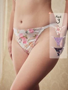 Elorette 3pcs Floral Satin Printed Romantic Pastoral Triangle Panties Sexy Elegant Comfortable Plus Size Underwear - Multicolor - View 5