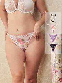 Elorette 3pcs Floral Satin Printed Romantic Pastoral Triangle Panties Sexy Elegant Comfortable Plus Size Underwear - Multicolor - View 8
