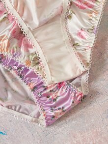 Elorette 3pcs Floral Satin Printed Romantic Pastoral Triangle Panties Sexy Elegant Comfortable Plus Size Underwear - Multicolor - View 12