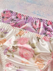 Elorette 3pcs Floral Satin Printed Romantic Pastoral Triangle Panties Sexy Elegant Comfortable Plus Size Underwear - Multicolor - View 11