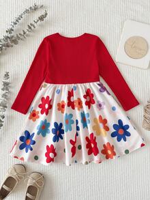 SHEIN Young Girl Patchwork Floral Young Girl Print Bow Decor Long Sleeve Cute Dress - Red - View 5