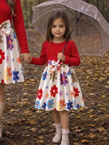SHEIN Young Girl Patchwork Floral Young Girl Print Bow Decor Long Sleeve Cute Dress - Red - View 3