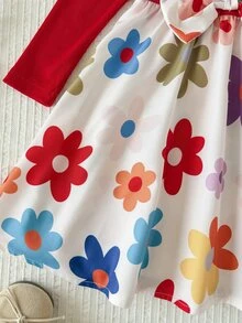SHEIN Young Girl Patchwork Floral Young Girl Print Bow Decor Long Sleeve Cute Dress - Red - View 7