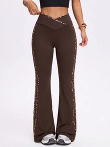 FavEase Women's Asymmetrical Waist Leopard Print Patchwork Slim Fit Flattering Athletic Flare Leggings - Multicolor - View 2