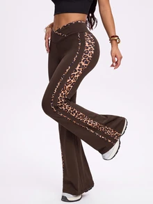 FavEase Women's Asymmetrical Waist Leopard Print Patchwork Slim Fit Flattering Athletic Flare Leggings - Multicolor - View 3