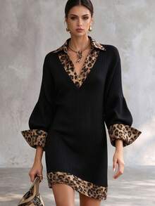 SHEIN Autumn/Winter Fashion New 2 In 1 Dress Leopard Print Patchwork Women's Black And White Leopard Print Ribbed Office Everyday Elegant Fringe - Black - View 2