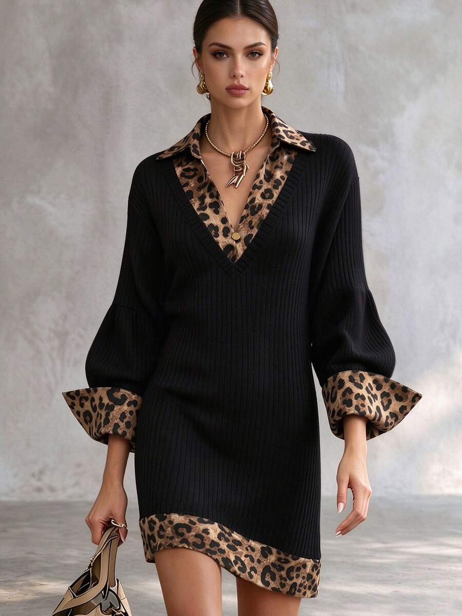 SHEIN Autumn/Winter Fashion New 2 In 1 Dress Leopard Print Patchwork Women's Black And White Leopard Print Ribbed Office Everyday Elegant Fringe