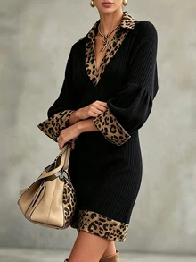 SHEIN Autumn/Winter Fashion New 2 In 1 Dress Leopard Print Patchwork Women's Black And White Leopard Print Ribbed Office Everyday Elegant Fringe - Black - View 5