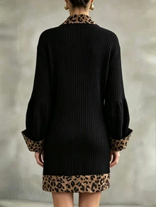 SHEIN Autumn/Winter Fashion New 2 In 1 Dress Leopard Print Patchwork Women's Black And White Leopard Print Ribbed Office Everyday Elegant Fringe - Black - View 7