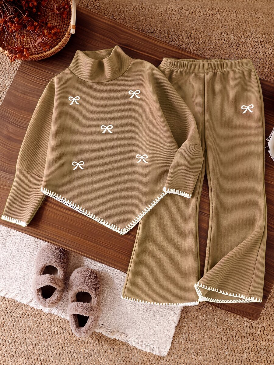 SHEIN 2pcs Young Girl T Shirt Flare Pants Set Sweet Caramel Brown Bow Ribbed Knit Long Sleeve Mock Neck Scalloped Fall Party Birthday Fashion Outfits - Khaki - View 1