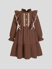 SHEIN Tween Girl Woven Contrast Color Lace Ruffle Collar Casual Dress - Coffee - View 4