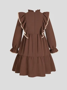 SHEIN Tween Girl Woven Contrast Color Lace Ruffle Collar Casual Dress - Coffee - View 5