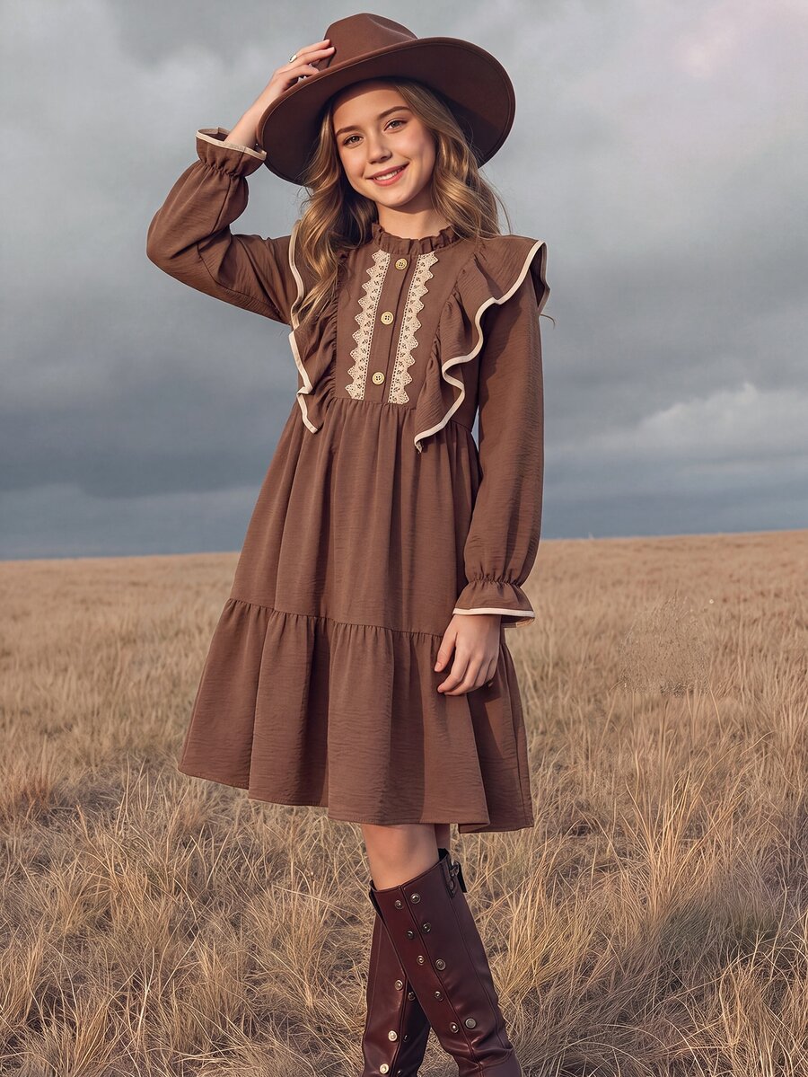 SHEIN Tween Girl Woven Contrast Color Lace Ruffle Collar Casual Dress - Coffee - View 1