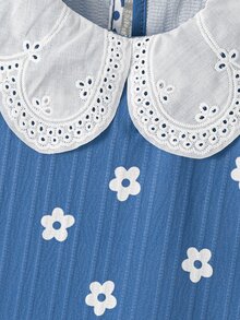 SHEIN Girls' Fresh Blue Background White Floral Print Delicate Hollow Embroidery Lace Peter Pan Collar 2 Pieces Set, Baby Vacation Party Birthday Summer - Blue - View 8