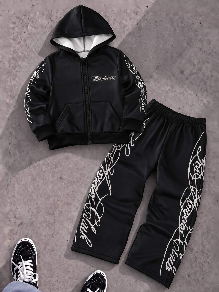 2pcs/Set Boys Hooded Sweatshirt Set, Fall American Street Style Baby Outfit, Graphic Letter Print Zip-Up Wide Leg Sweatpants, Black Birthday - Black - View 1
