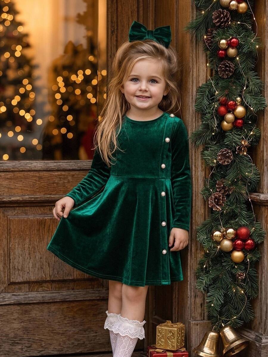 SHEIN Young Girl Knit Solid Color Velvet Round Neck Casual Dress - Green - View 1