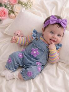 SHEIN Newborn Baby Girl 2-Piece Outfits Rainbow Striped Ruffle Sleeve Top And Floral Applique Overall Jumpsuit Set Toddler Fall Clothes - Mauve Purple - View 2